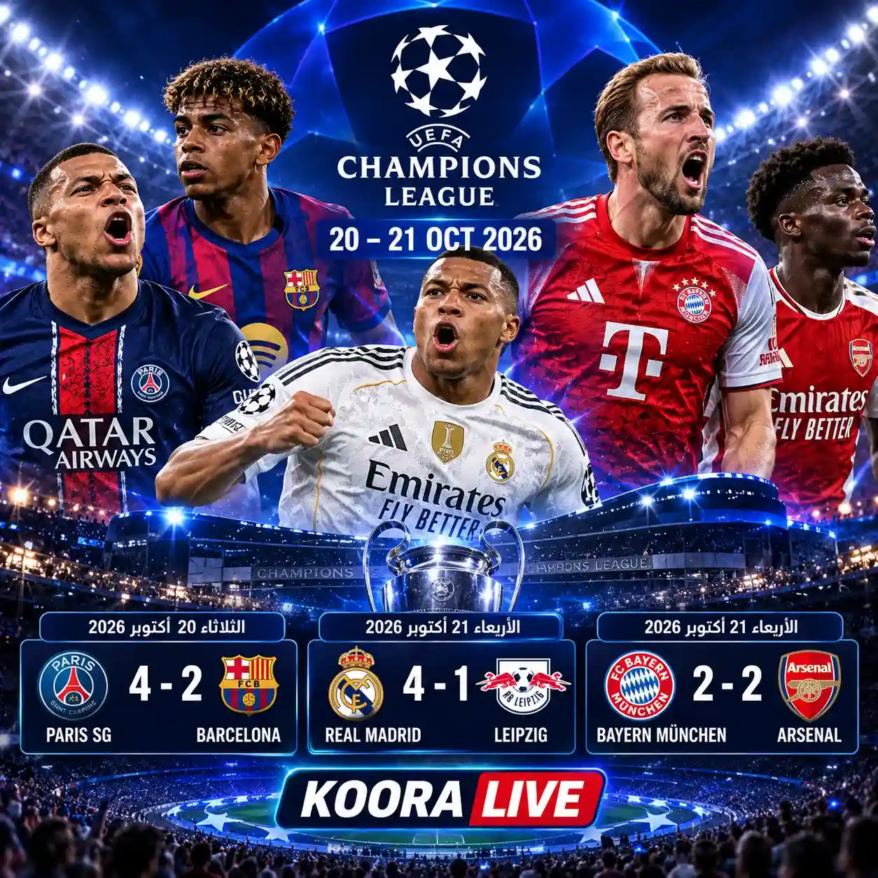 مباريات دوري أبطال أوروبا الثلاثاء والأربعاء 20 و21 أكتوبر 2026 – Koora Live